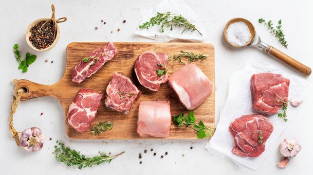 Fresh raw pork cuts on a wooden board with herbs, garlic, and spices, ideal for delicious meat recipes preparation.