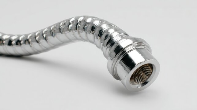 Close-up of a silver-colored hose with a threaded end. the hose appears to be made of metal and has a shiny, metallic finish. - Powered by Adobe