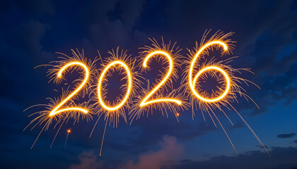 2026 year written in bright orange sparkler fireworks in night sky new year happy new year