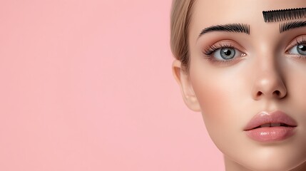 Perfectly groomed eyebrows and flawless skin create a captivating look for your beauty brand or cosmetic advertisement on a trendy pastel pink backdrop