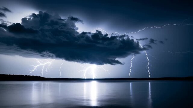 Dramatic lightning strikes over dark stormy clouds illuminating a calm lake at night with - Powered by Adobe