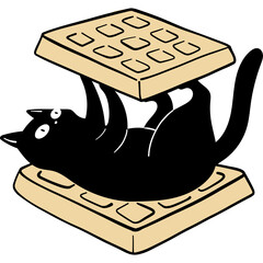 Black Cat Laying Between Two Waffles
