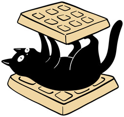 Black Cat Laying between two Waffles