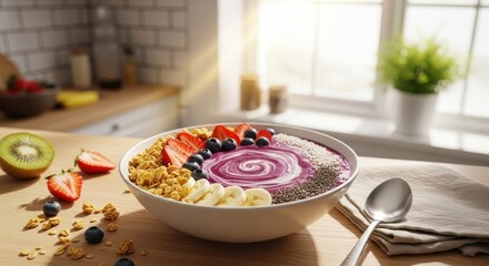 Acai bowl with fresh fruit and granola healthy breakfast in a bright kitchen perfect for food blogs and wellness websites