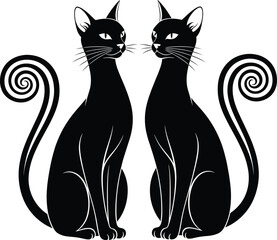 Stylish Black Cat Pair Illustration with Curved Spiral Tails in Elegant Vector Design