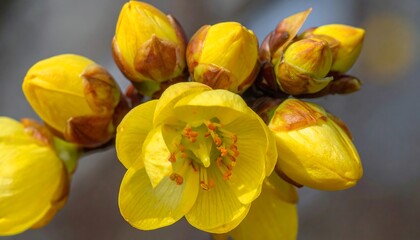 Close-up of vibrant yellow flower in full bloom, surrounded by unopened buds on a branch, illuminated by sunlight