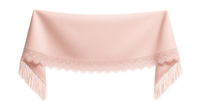 Soft pastel pink shawl with fringed edges and delicate lace trim.