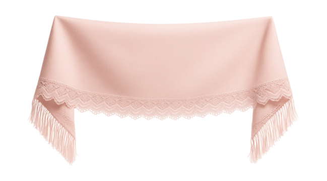 Soft pastel pink shawl with fringed edges and delicate lace trim.