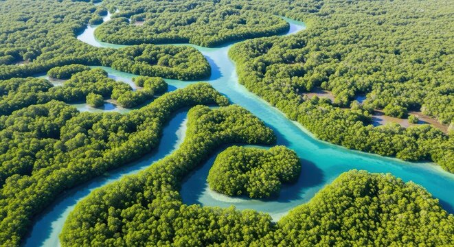 Aerial view of a winding river through a lush green mangrove forest vibrant turquoise water nature landscape - Powered by Adobe