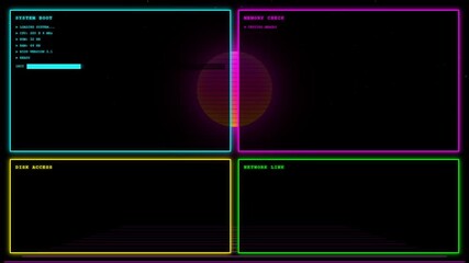 Retro 80s synthwave terminal featuring a glowing neon sun, grid landscape, and CRT scanline effects. The interface displays boot sequences, memory checks, and network links. - Powered by Adobe