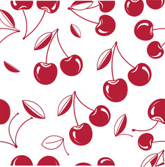 Seamless Red Cherry Fruit Pattern with Leaves in Minimal Clean Decorative Vector Style