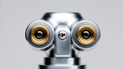 Close-up of a silver-colored object with two circular lenses on top. the lenses are gold-colored and appear to be made of metal.