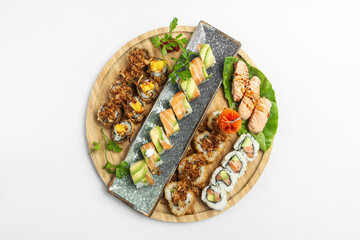 sushi mixed plate moriawase meal on plate in japanese restaurant