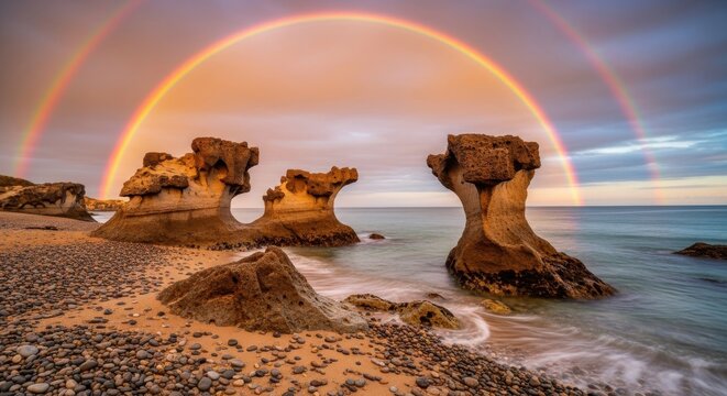 Dramatic rainbow over rock formations on a sandy beach scenic seascape with ocean view perfect for travel and nature concepts