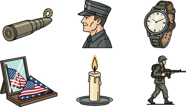 Veterans Day Icons: Bullet, Soldier Portrait, Watch, Flag, Candle, Rifleman