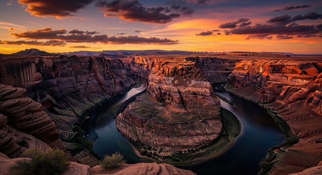 Horseshoe Bend at sunset a scenic overlook in Arizona showcasing the Colorado River and canyon landscape