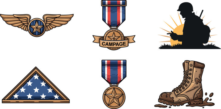 Veterans Day Icons: Wings, Medals, Soldier, Flag, Boot