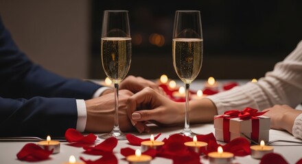 Couple holding hands during a romantic valentines day dinner with champagne, gift, and rose petals, illuminated by candlelight