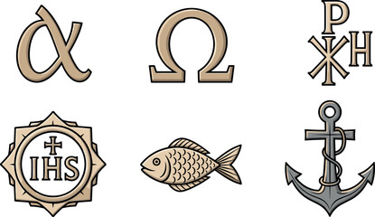 Christian religious symbols collection, icons set