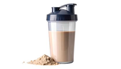 Protein shake in a shaker cup with powder spill