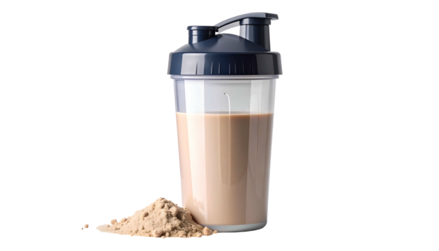 Protein shake in a shaker cup with powder spill