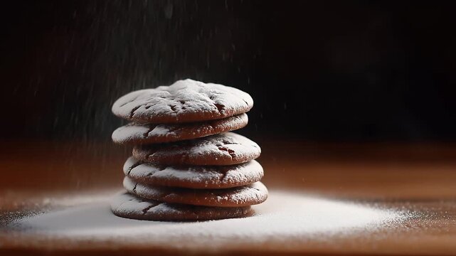 Dramatic slow-motion video captures a stack of freshly baked chocolate or gingerbread cookies being showered with fine powdered sugar.