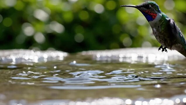 Hummingbird Splashing in Bird Bath Dramatic Slow Motion