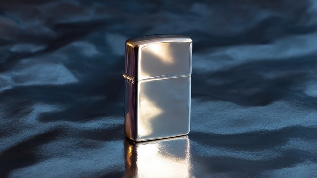 Close-up of a silver lighter on a dark blue background. the lighter is in the center of the image and is positioned in a way that it is facing towards the right side of the frame.