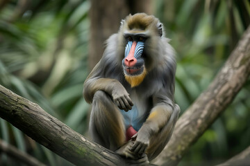 Male Mandrill Resting on a Tree Branch in Wild Nature