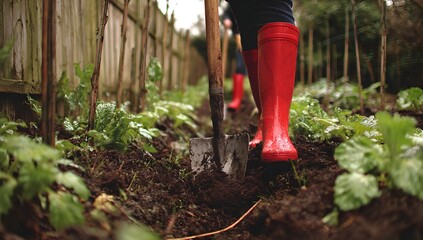 Person in red boots digging moist soil among leafy greens in a garden concept: sustainable gardening, organic growth, eco-friendly lifestyle.
