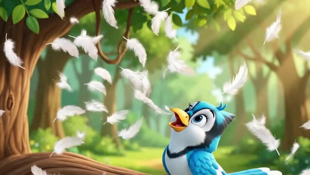 Cute Blue Jay Bird Playing with Feathers in Enchanted Forest