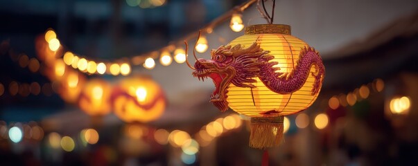 Chinese dragon shaped lanterns illuminating the festive atmosphere of new year celebrations