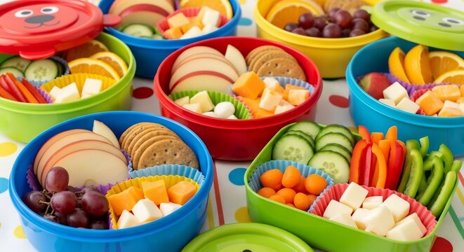 Colorful lunchboxes filled with fruits veggies cheese and crackers sit on a spotted tablecloth - Powered by Adobe