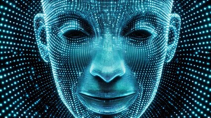 Stunning digital portrait of an abstract face with glowing blue dots on a dark background - Powered by Adobe