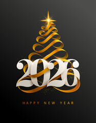 New Years Greeting banner 2026. Christmas tree made of gold ribbon with white numbers. Festive realistic illustration.