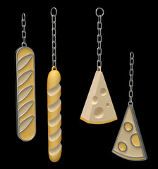 Set of metal and plastic keychains in shape of baguette and swiss cheese wedge. 3d illustration isolated on black
