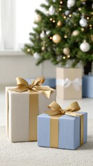 Elegant holiday gift boxes with golden bows by a festive christmas tree