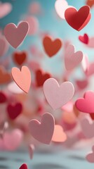 Romantic valentine background with floating pink and red paper hearts for love themed design