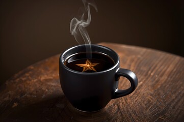  
Steaming black coffee mug with glowing star reflected in the surface on rustic wood. Moody holiday caffeine concept with warmth and focus.