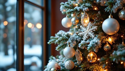 A frosty Christmas tree decorated with white and gold Christmas balls, snowflakes and warm garlands by the window in a cozy winter interior with a dedicated place to copy