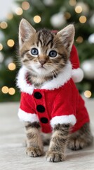 Adorable kitten in festive christmas outfit on white background for holiday greetings