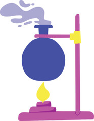 A cartoon illustration of a round-bottom flask being heated by a flame on a retort stand, producing purple vapor.