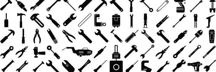 Black Silhouettes of Hand and Power Tools Collection for Construction, Repair, DIY, Workshop, Mechanic, Industrial, and Engineering Projects