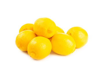 Lemon isolated on white background. Lemon fruits with a slice. Fresh lemon fruits with citrus leaves. Lemon juice. Pattern. Space for text.