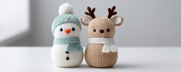 Cute knitted toys featuring a snowman and deer on white background for winter decoration