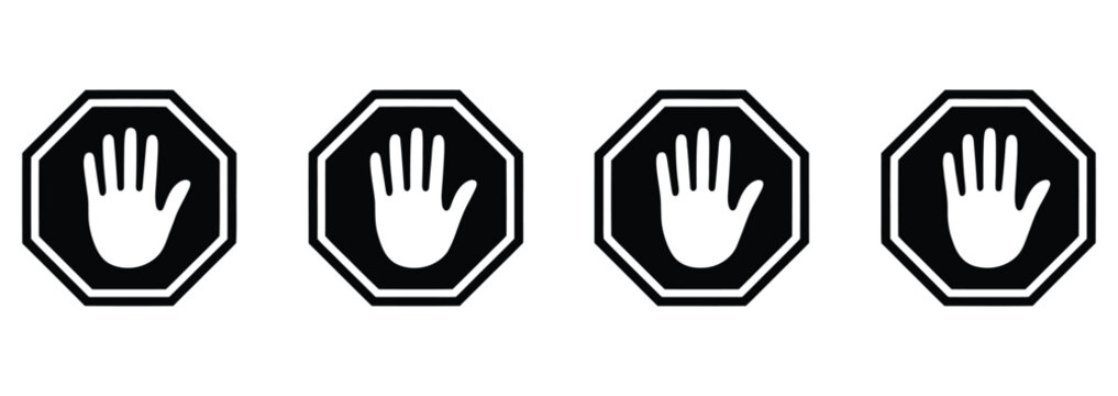 Bold black stop signs with hand symbol for safety, security, and prevention in businesses or public health campaigns, perfect for awareness and visual communication materials