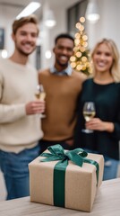 Festive holiday gathering with wrapped christmas present on table