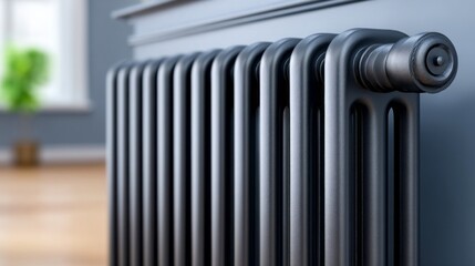 A black radiator sits in a room with a window. The radiator is old and has a black finish