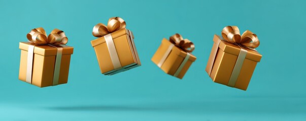 Golden gift boxes floating on turquoise background for festive celebration and design