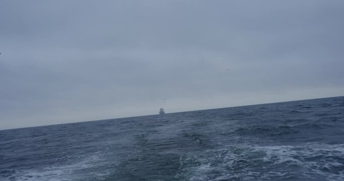Endless gray sea stretches beneath heavy clouds. Lone ship drifts through mist while white albatross circles above. Upcoming storm